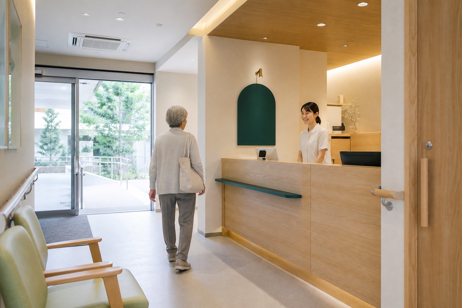 入口から見通せる明るい受付