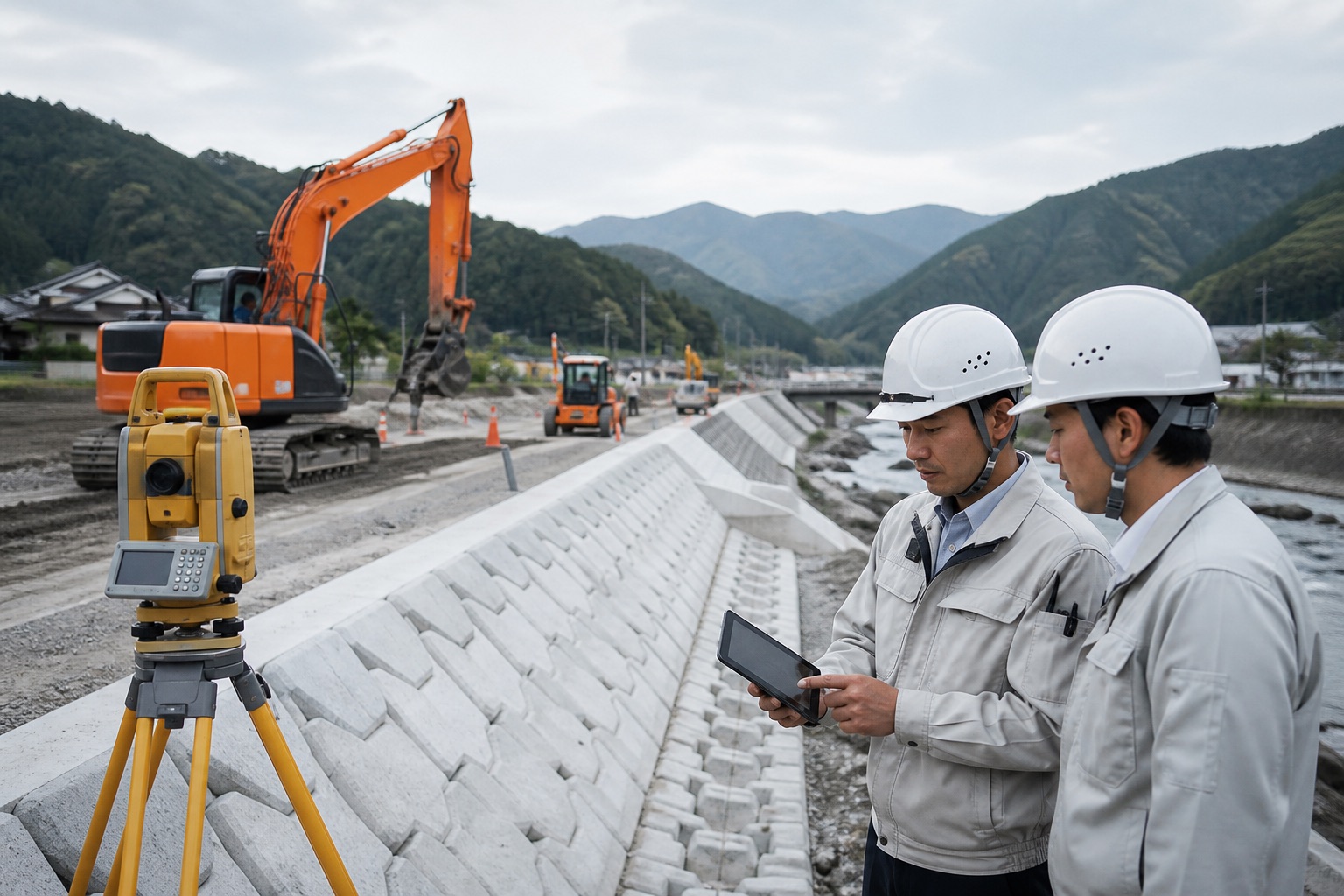 河川工事現場で測量データを確認する技術者
