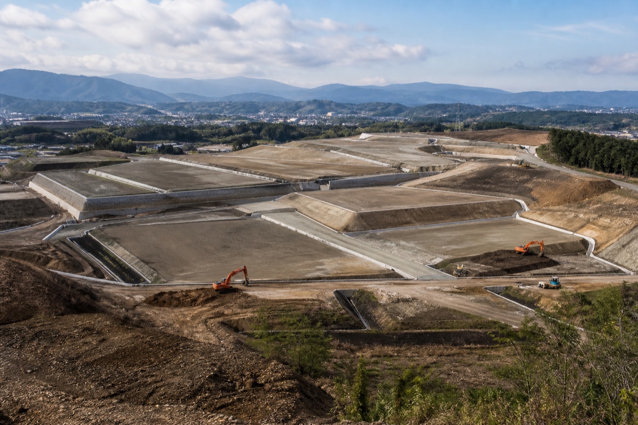 段状に整地された工業団地の造成現場