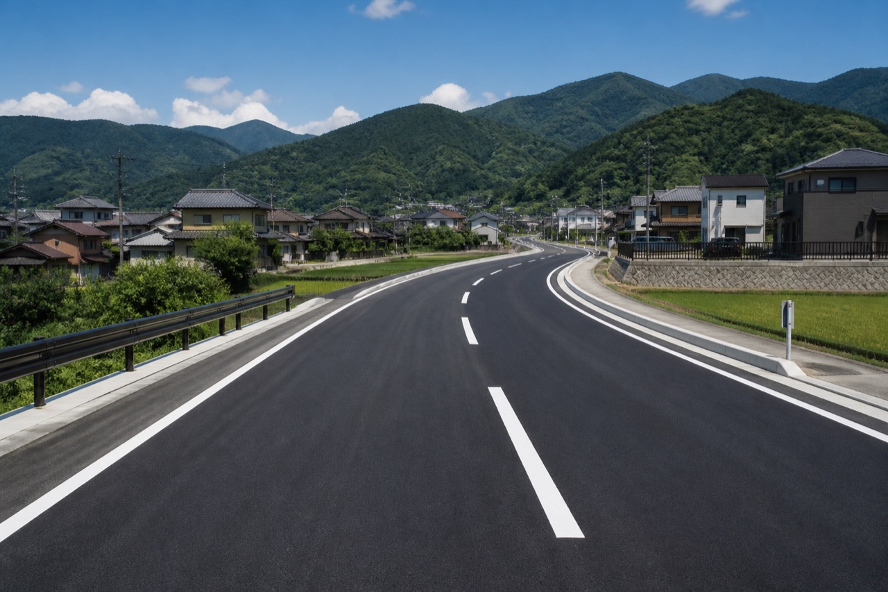 山間の地域を通る完成した道路改良工事