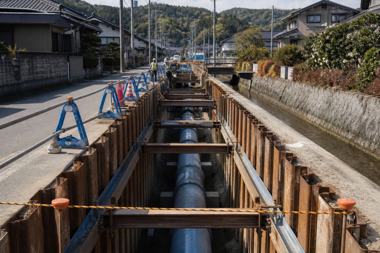 住宅地で進む配水管の布設工事