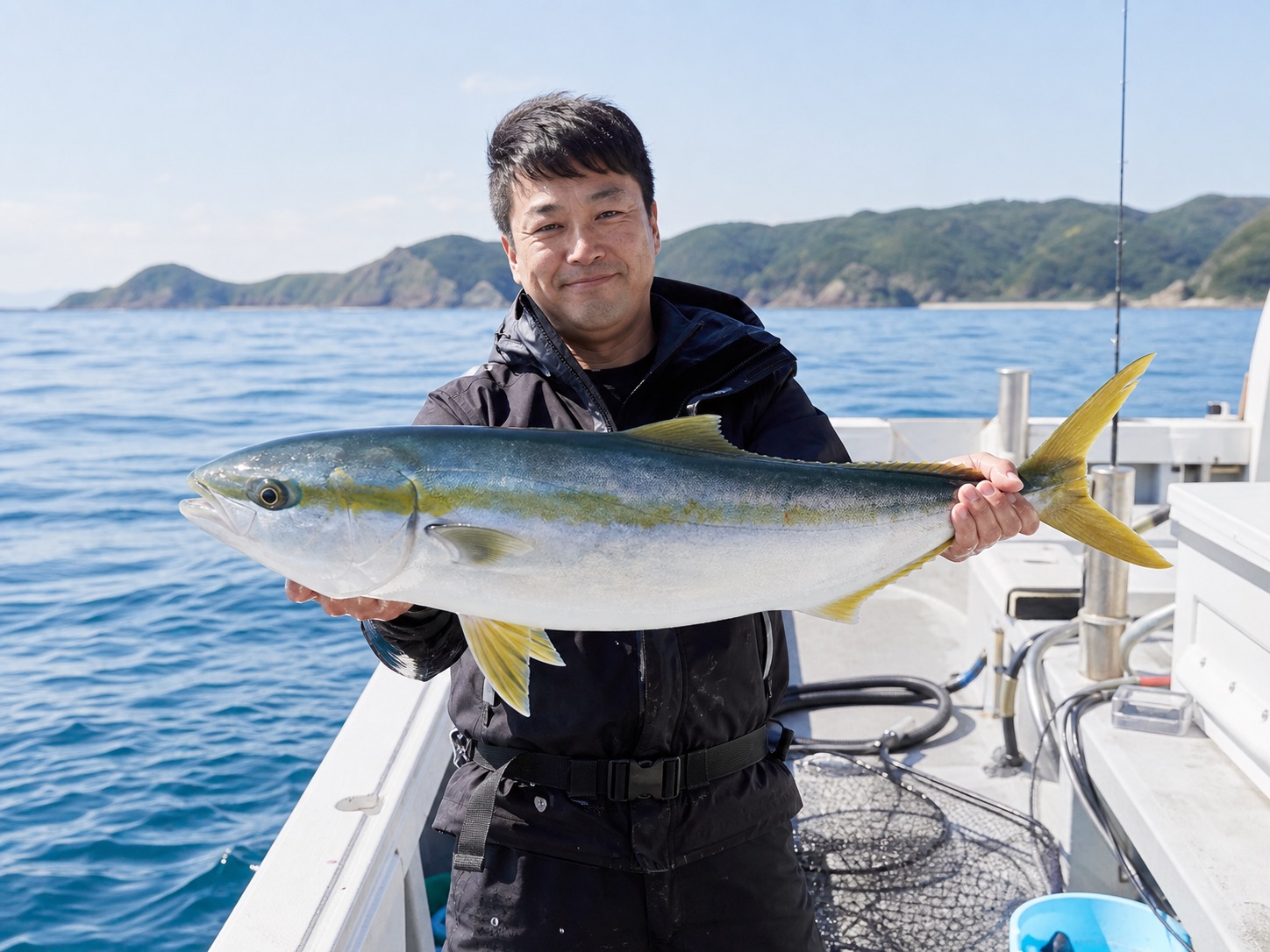 船上で大きなブリを持つ釣り人