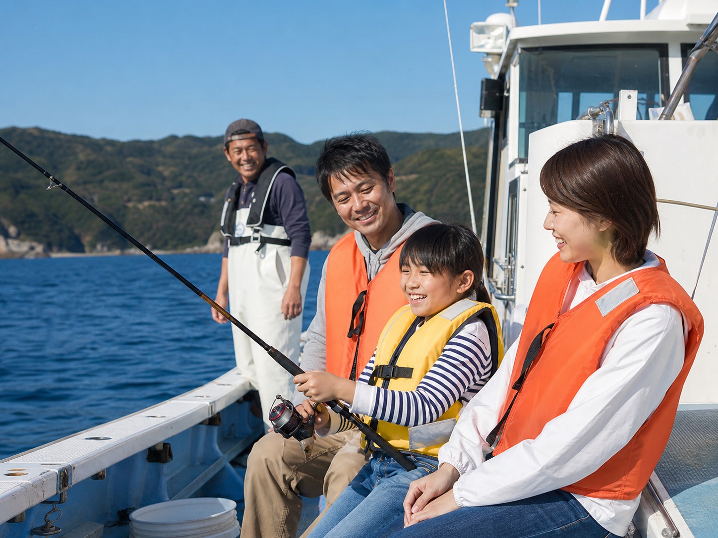 遊漁船で釣りを楽しむ家族