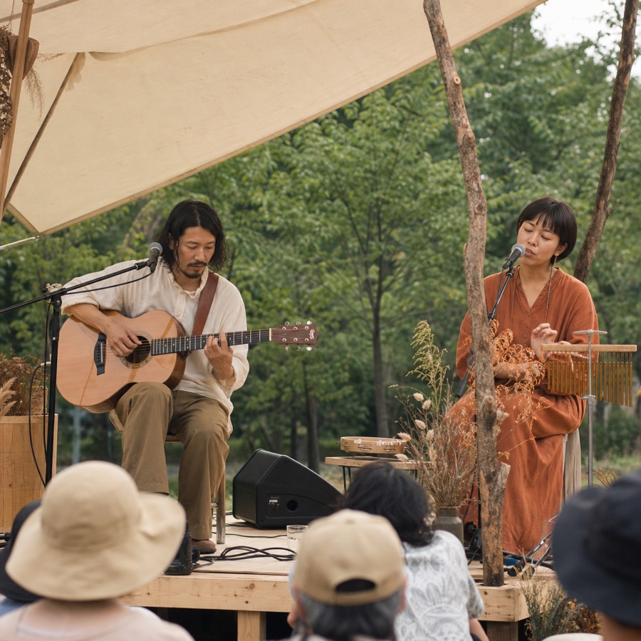 公園のステージで演奏するアコースティックデュオ