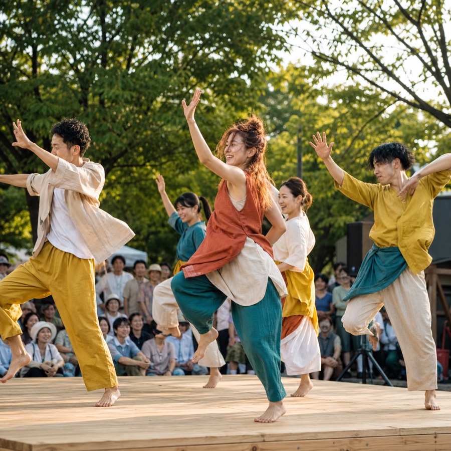 屋外ステージで踊るダンスグループ