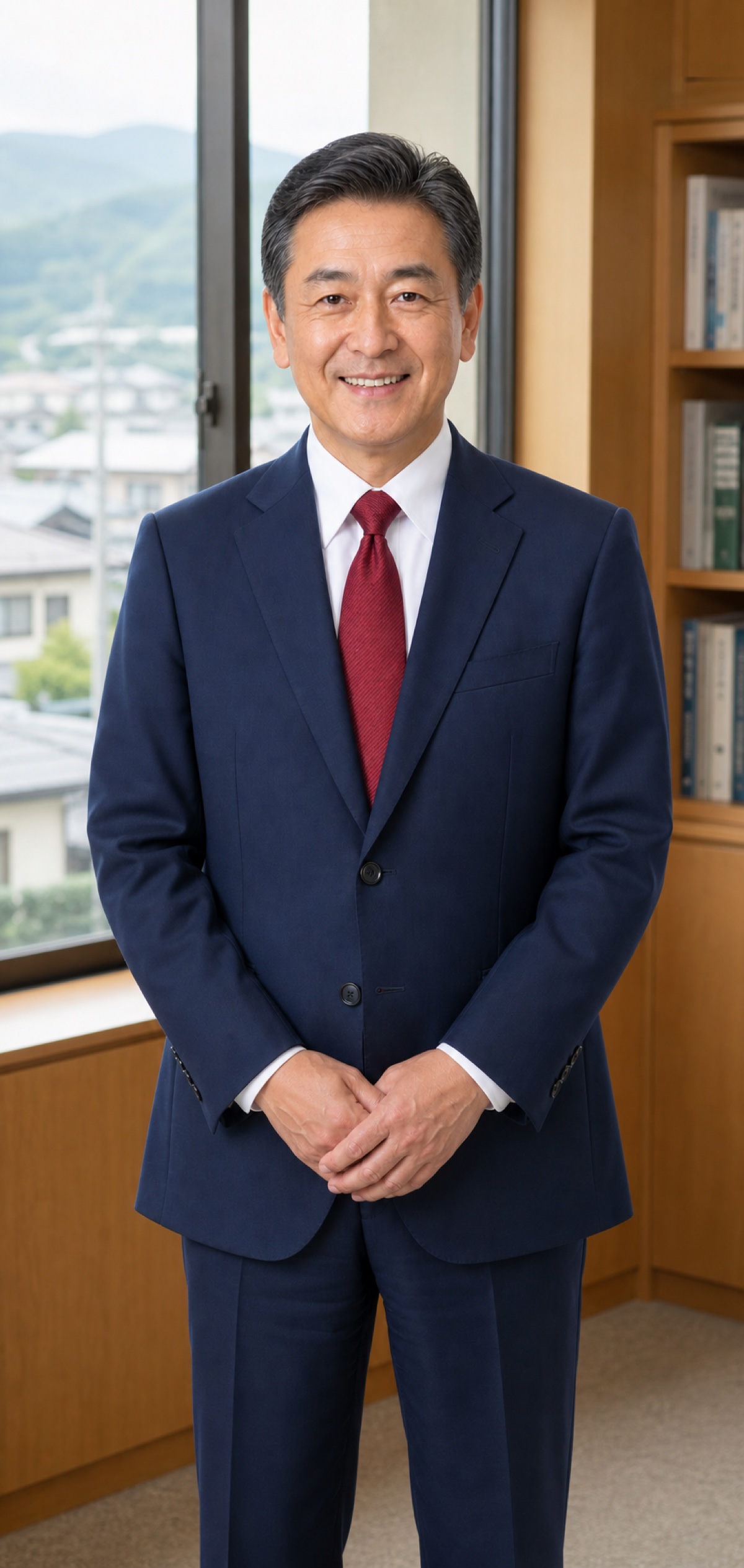 地域のまちなみが見える執務室で正面を向く議員のダミー写真