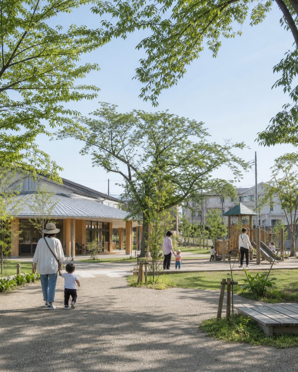緑のある公園で親子が過ごしている様子