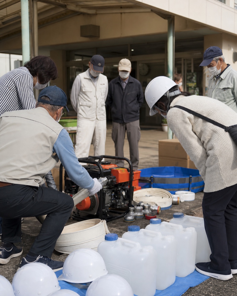 地域住民が防災設備を確認する様子