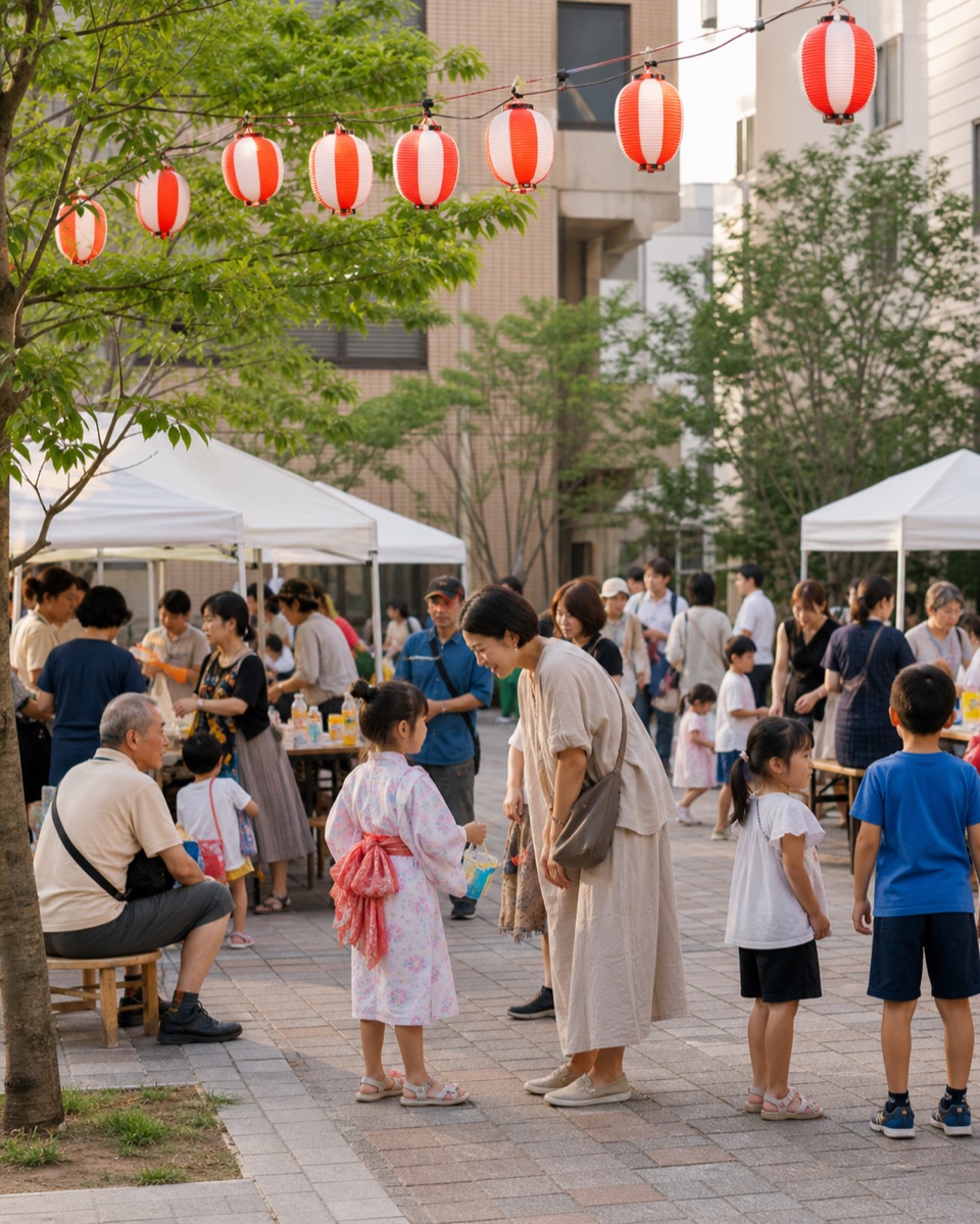 地域の広場で市民イベントを楽しむ人々