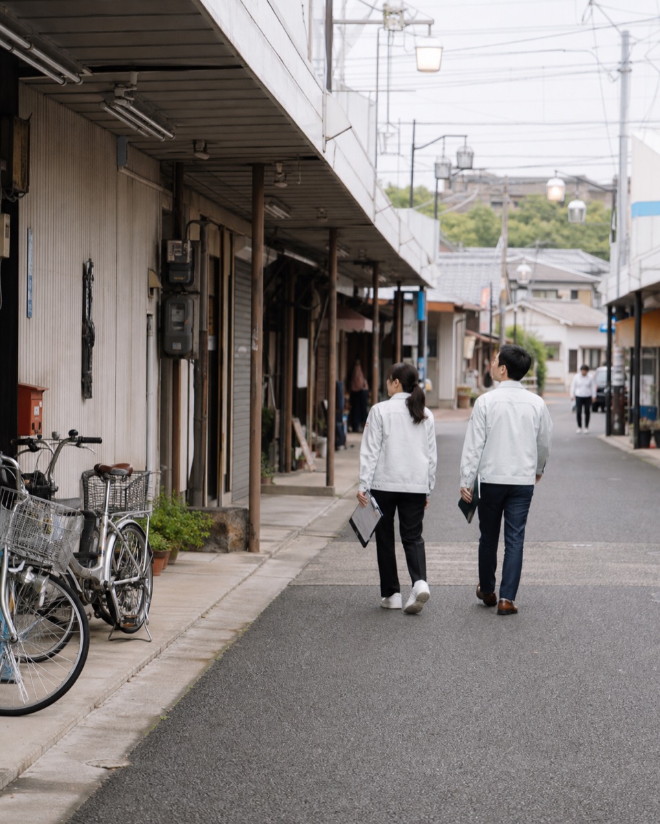 地域の商店街を歩いて確認する二人の後ろ姿