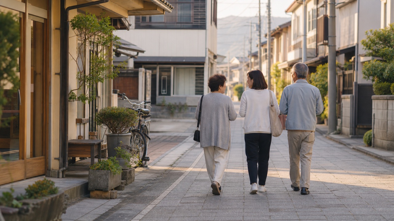 地域の住宅街を歩きながら話す三人の後ろ姿